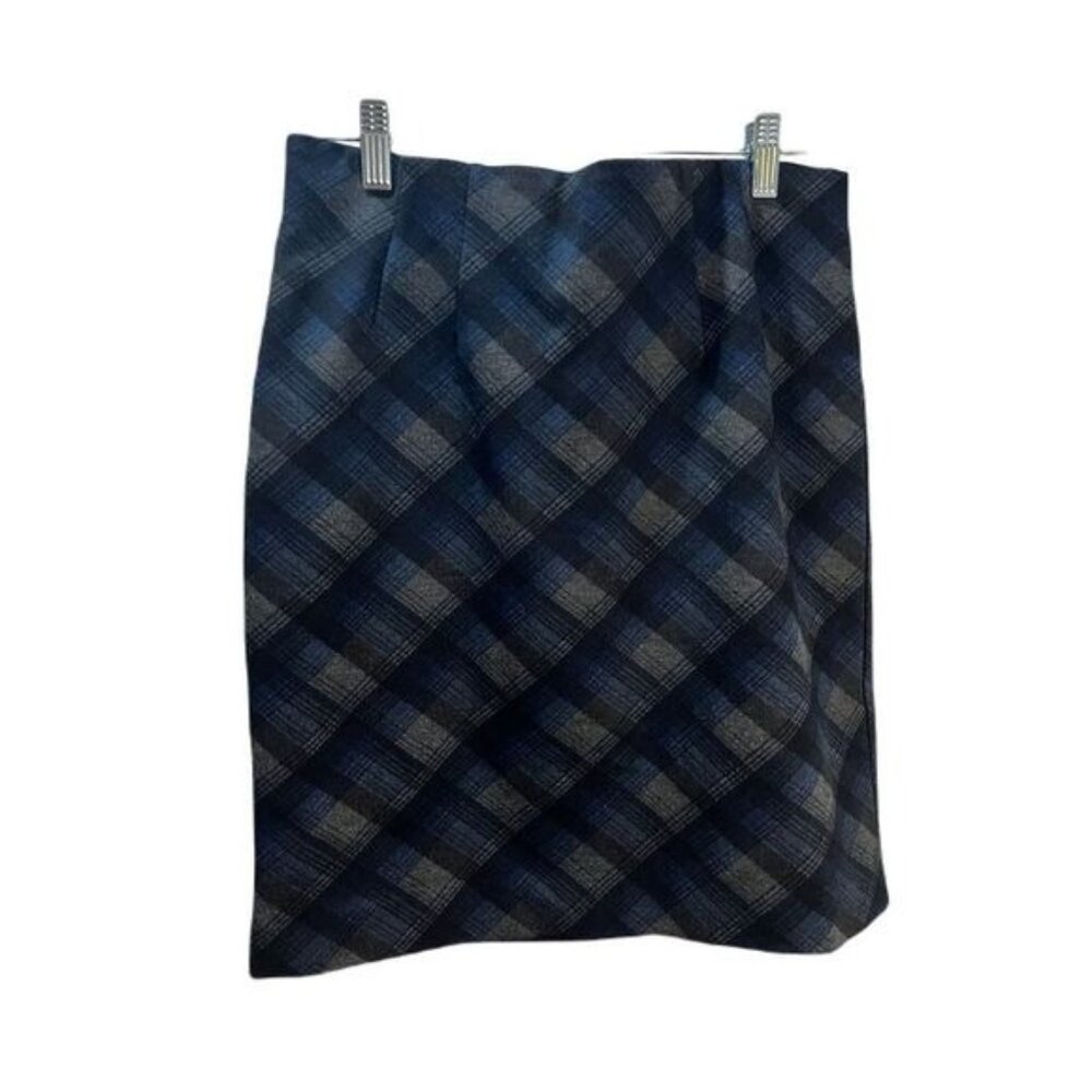 Vintage Plaid Pencil Skirt Blue & Gray Wool Blend‎ Knee-Length Womens Size M
